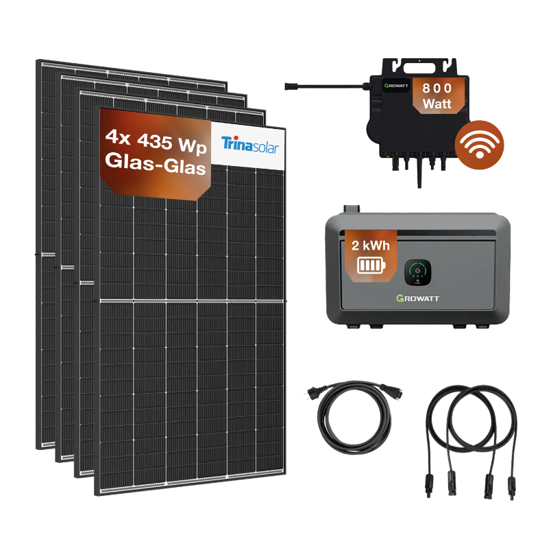 Balkonkraftwerk Komplett Set, 4 Solarmodule Trinasolar mit 435 Wp, Glas-Glas, Growatt Neo 800M-X Mikrowechselrichter, Growatt NOAH 2000 Batterie, dazugehörige Kabelanschlüsse