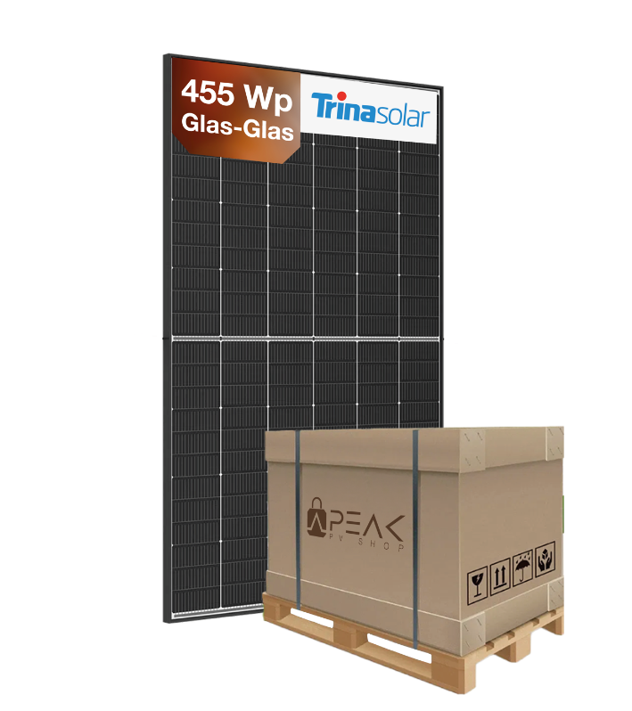 Trina Vertex S+ TSM-NEG9R.28, 455Wp, Glas-Glas, Black Solarmodul hinter Palette mit Karton mit Peak-PV Shop Logo