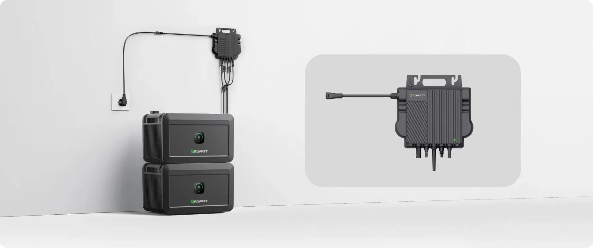 Growatt NOAH 2000 Batterie an der Wand stehend und Growatt Neo 800M-X Mikrowechselrichter an der Wand montiert und an Steckdose angeschlossen