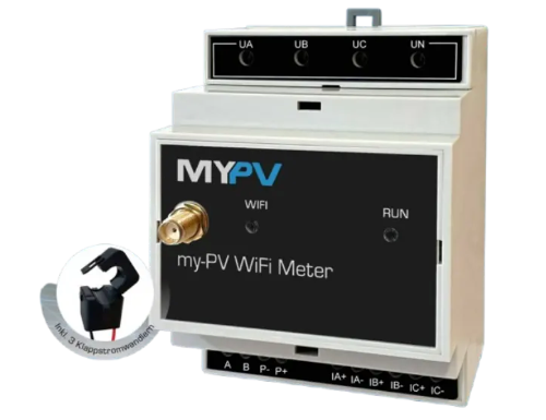 MYPV 3-Phasen-Wandlerzähler 75 A Ethernet auf weißem Hintergrund