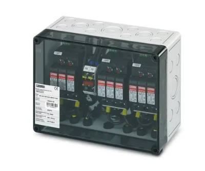 Phoenix PV-Anschlußbox 3 MPPT, 1IN/1OUT pro MPPT , ÜSS Typ I/II, SUNCLIX auf weißem Hintergrund