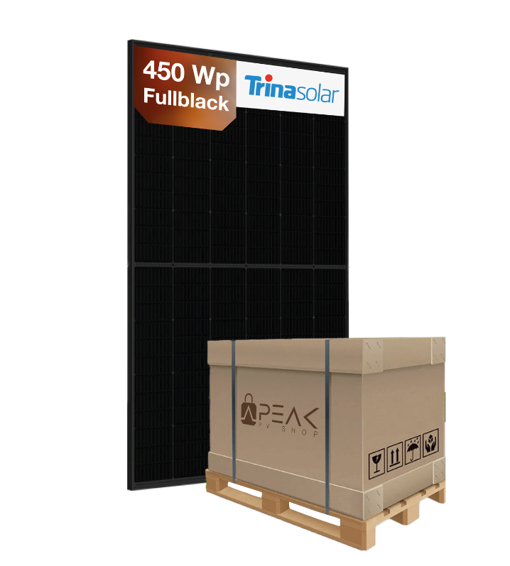 Solarmodul Trina Vertex S+ 450Wp NEG9R.25 Glas-Glas Fullblack hinter Palette mit Karton stehend