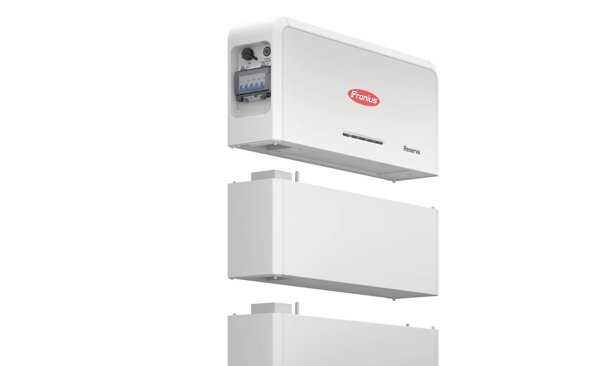 Batteriekontrolleinheit des Fronius Reserva Batteriemanagement System freischwebend darunter 2 Batteriemodule 
